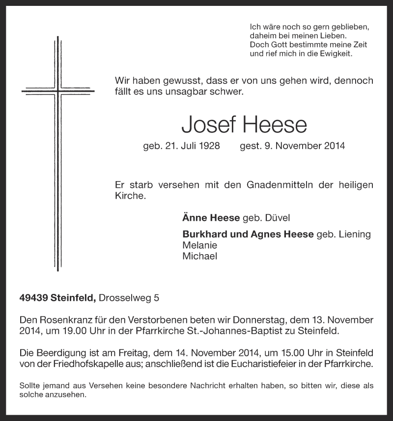  Traueranzeige für Josef  Heese  vom 11.11.2014 aus OM-Medien